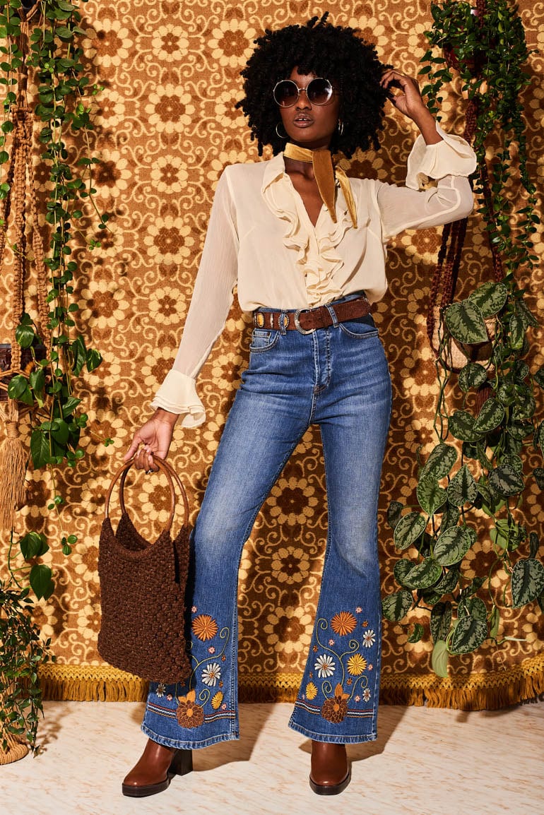 Embroidered Jeans Bell Bottoms Embroidery Flowers Flare Pants